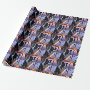 Papier Cadeau Border Collie avec lumières de Noël vacances