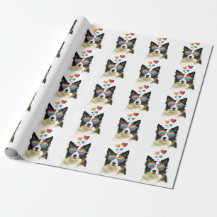 Papier Cadeau Border Collie Chien avec coeurs Saint-Valentin