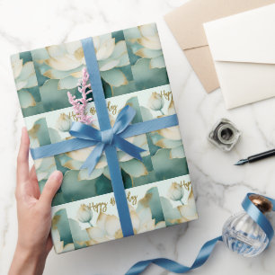 Papier Cadeau Bords dorés de fleur de Lotus Joyeux anniversaire