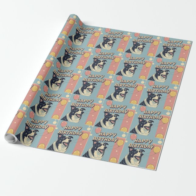 Papier Cadeau Bordure Collie Chien Coloré (Déroulé)