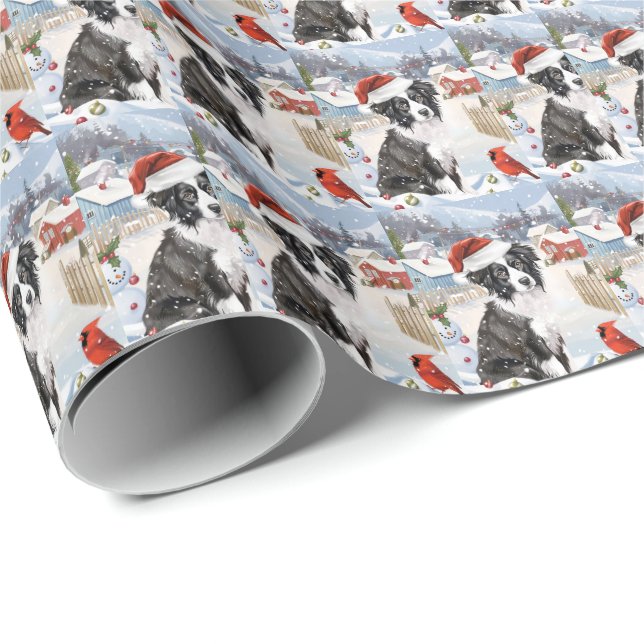 Papier Cadeau Bordure Collie Chien Hiver Merveilles Pays Noël Jo (Coin rond)