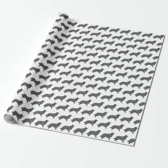 Papier Cadeau Bordure Collie Chien Jaune et Noir Grille Blanc (Déroulé)