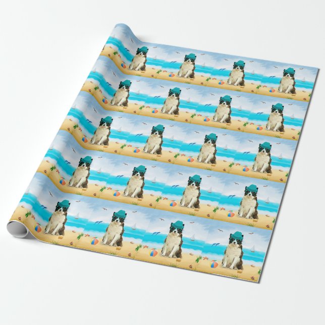 Papier Cadeau Bordure Collie Dog sur la plage (Déroulé)