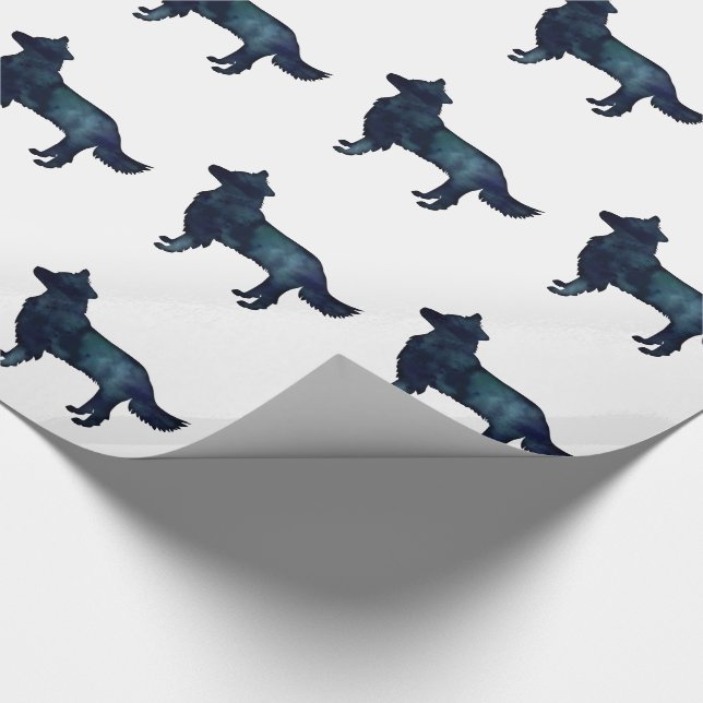 Papier Cadeau Bordure Collie Noir Aquarelle Silhouette (Coin)