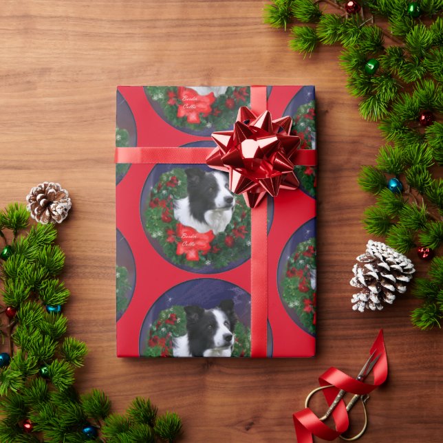 Papier Cadeau Bordure Collie Wreath Noël (Cadeau de vacances)