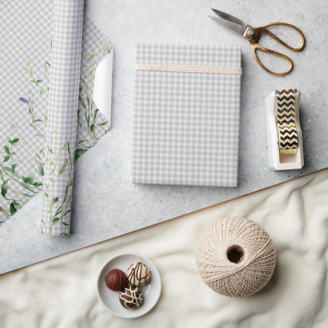 Papier Cadeau Bordure de fleurs sauvages sur gingham argenté (Artisanat)
