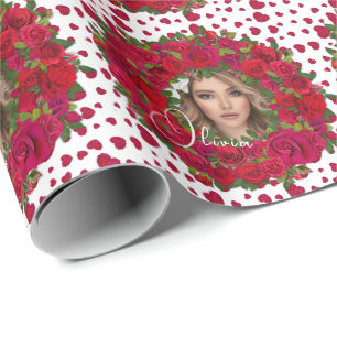 Papier Cadeau Bordure de photo de roses roses rouges foncées rom