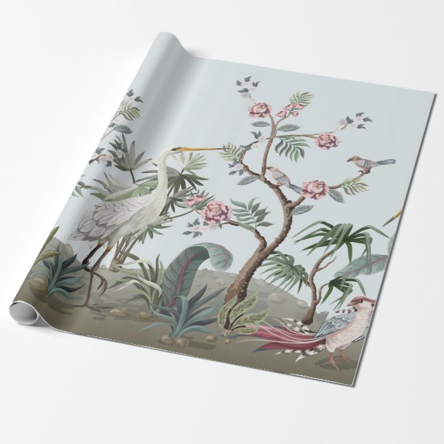Papier Cadeau Bordure en style chinoiserie avec cigognes et peon (Déroulé)