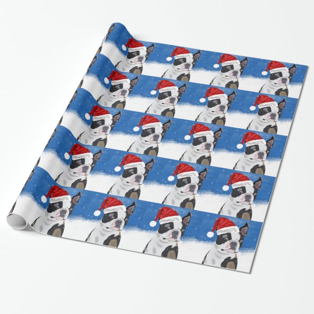Papier Cadeau Boston Terrier Chien dans neige Noël Joyeux vacanc (Déroulé)
