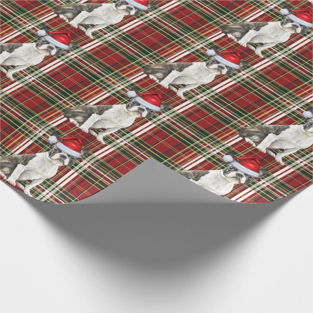 Papier Cadeau Boston Terrier Chien Rouge Vert Plaid Noël (Coin)