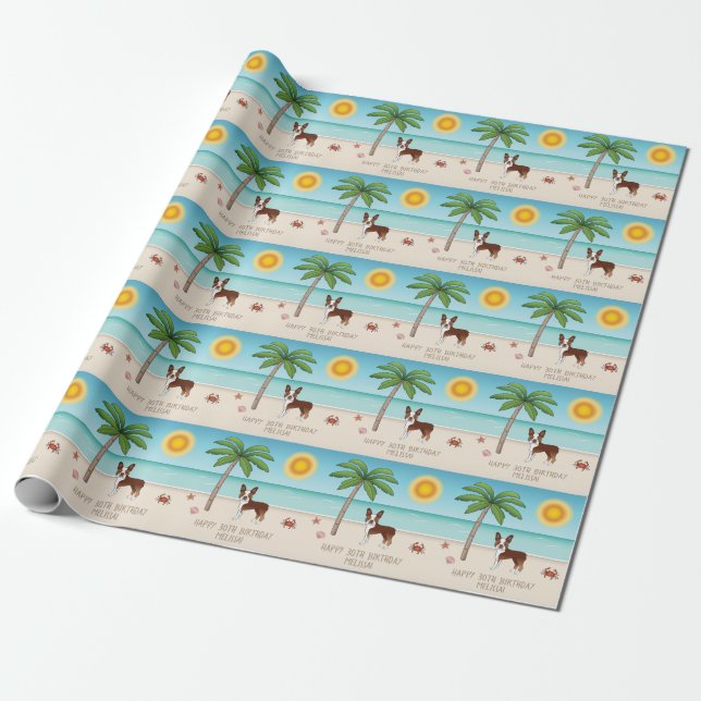 Papier Cadeau Boston Terrier Rouge Sur Une Plage Tropicale D'été (Déroulé)