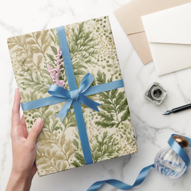 Papier Cadeau Botanical Green Fern Beige Floral Pattern (Cadeaux)