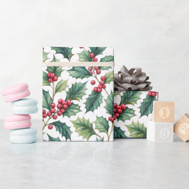 Papier Cadeau Botanical Greenery Holly and Cherries Holiday  (Baby Shower)