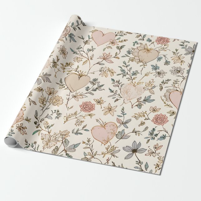 Papier Cadeau Botanical Hearts Romantic Floral Valentine Pattern (Déroulé)