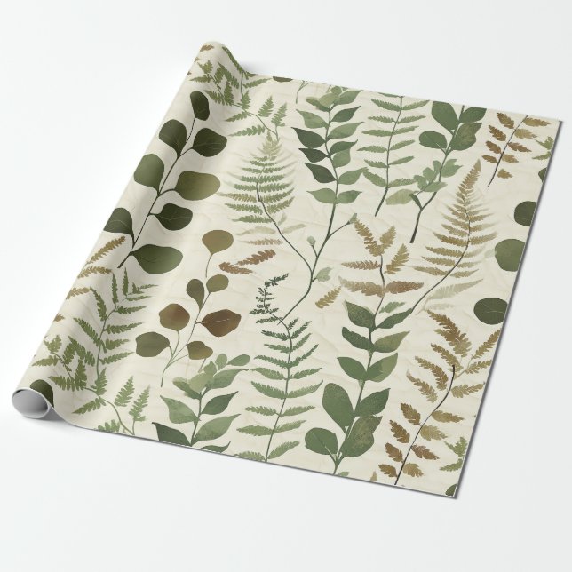 Papier Cadeau Botanical Pressed Leaves Pattern – Fern Print (Déroulé)