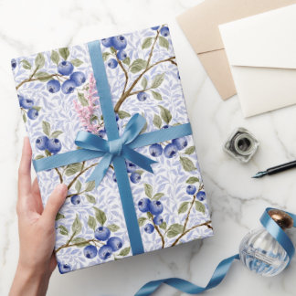 Papier Cadeau Botanique à la myrtille aquarelle Bleu Vert Blanc
