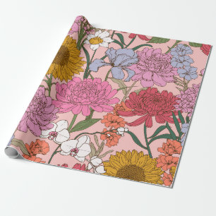 Papier Cadeau Botanique à l'aquarelle de jardin floral rose vint