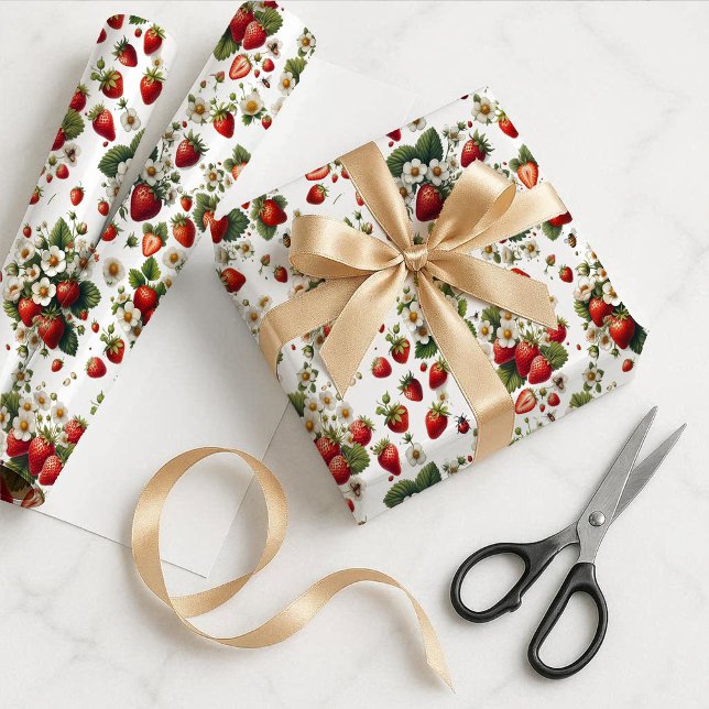 Papier cadeau botanique à motif de fraise (Strawberry Botanical Gift Wrapping Paper)