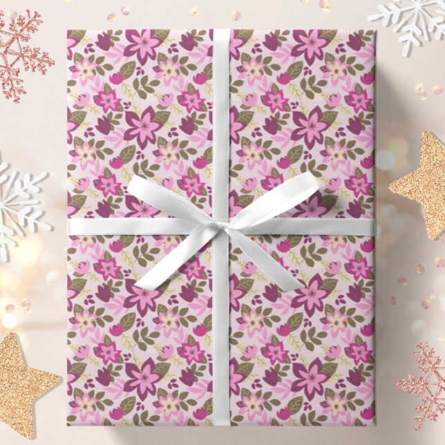 Papier Cadeau Botanique de Noël rose moderne (Créateur téléchargé)
