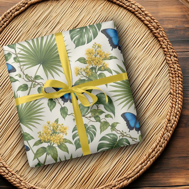 Papier cadeau botanique élégant papillon bleu (Créateur téléchargé)