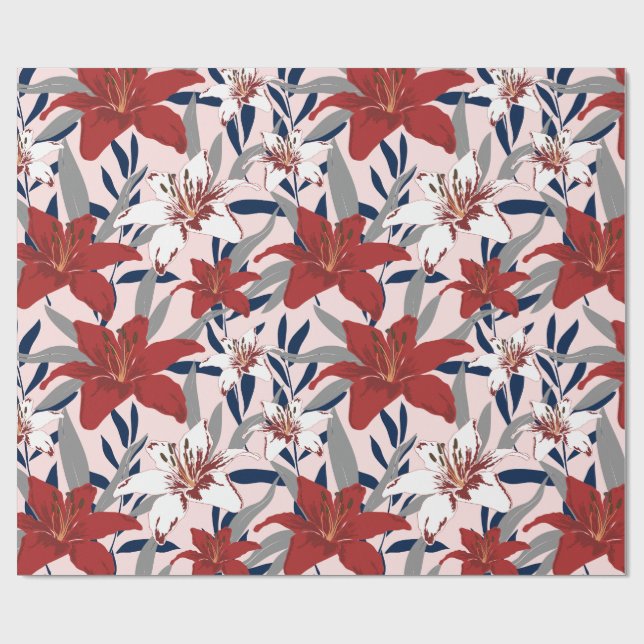 Papier cadeau botanique fleur de lys rouge élégant (Plat)