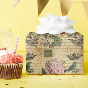 Papier Cadeau botanique français d'oiseau d'hortensia de