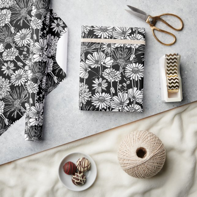 Papier Cadeau Botanique Noir Blanc Daisies Floral Art Motif (Artisanat)