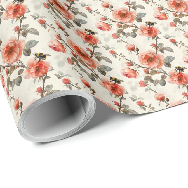 Papier cadeau botanique Rose Floral avec Bumble Be (Coin rond)