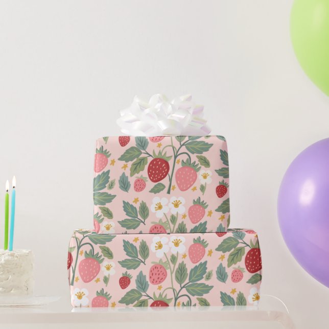 Papier Cadeau Botanique rose fraise (Cadeaux de fête)