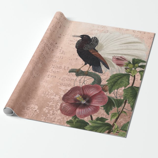 Papier Cadeau Botanique Vintage et oiseau rose (Déroulé)