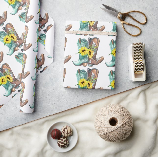 Papier Cadeau Botte de cow-boy western tournesol rodéo (Artisanat)