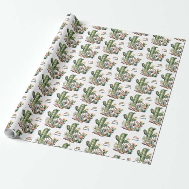 Papier Cadeau Bottes de cactus à fleurs rustiques Nom Joyeux Ann (Déroulé)