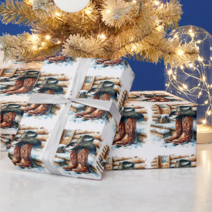 Papier Cadeau Bottes de cowboy sur le porche avant Noël