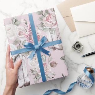 Papier Cadeau Bottes de cowgirl rose blanc floral Anniversaire