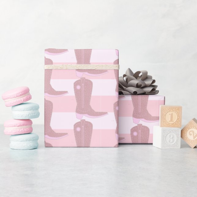 Papier Cadeau Bottes rose Cowboy sur Arrière - plan Motif rayé (Baby Shower)