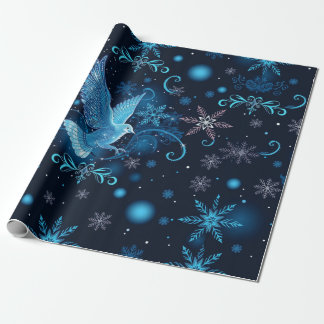 Papier Cadeau Bouchon de Noël de la colombe bleue et des flocons