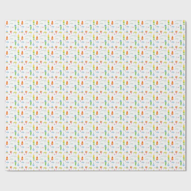 Papier Cadeau Bouées et leurres d'aquarelle de pêche (Plat)