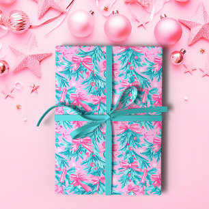 Papier Cadeau Boughs et ornements de Noël rose et menthe