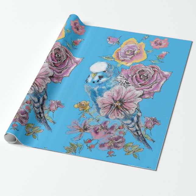 Papier Cadeau Bougie bleue Fleurs d'art Roses Aquarelle (Déroulé)