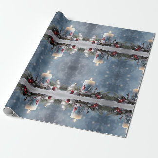 Papier Cadeau Bougie de Noël d'hiver avec neige et espace de cop