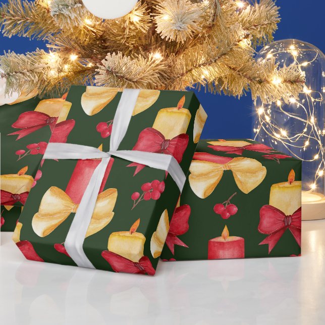 Papier Cadeau Bougies, Baies et Rubans de Noël  (Vacances)