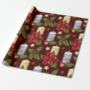 Papier Cadeau Bougies de Noël, Poinsettia et Baies de Houx
