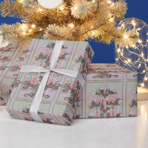 Papier Cadeau Bougies de Noël roses vintage arbre 