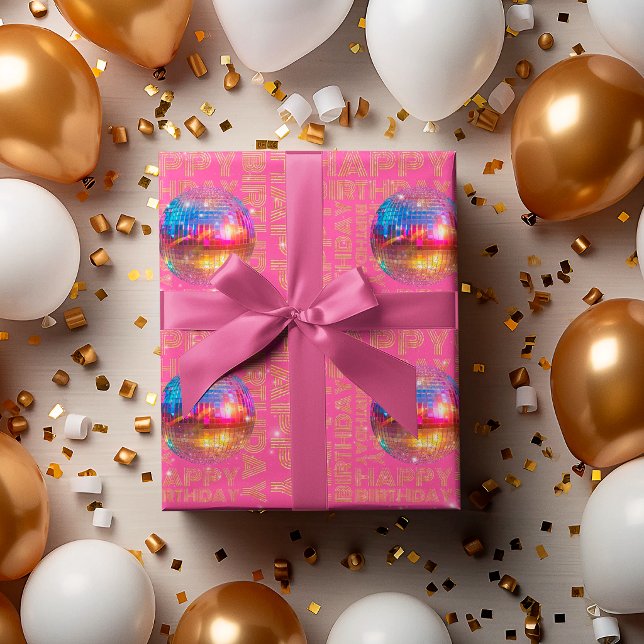 Papier Cadeau Boule à facettes dorée Joyeux Anniversaire Rose Él (Créateur téléchargé)