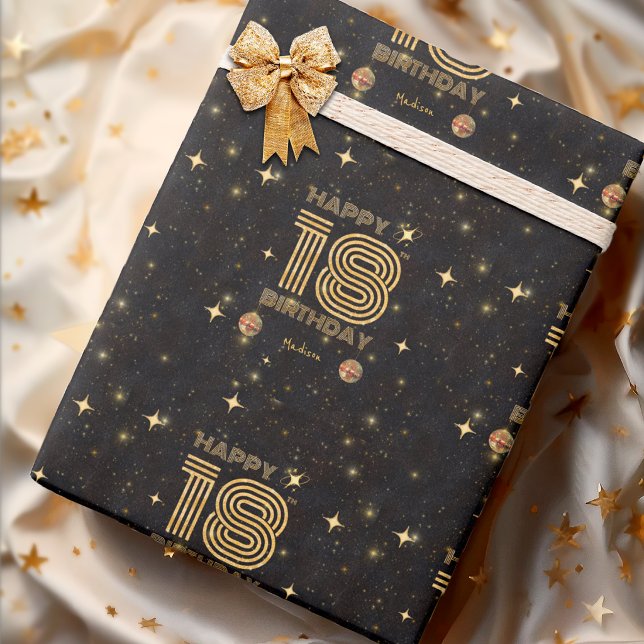 Papier Cadeau Boule de disco dansante Or Noir 18e Joyeux Anniver (Créateur téléchargé)