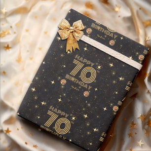 Papier Cadeau Boule de disco dansante Or Noir 70e Joyeux Anniver