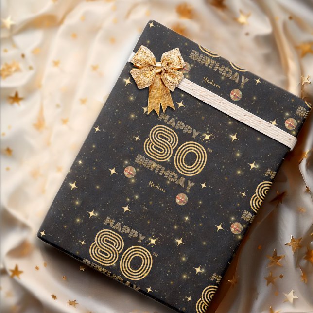 Papier Cadeau Boule de disco dansante Or Noir 80e Joyeux Anniver (Créateur téléchargé)