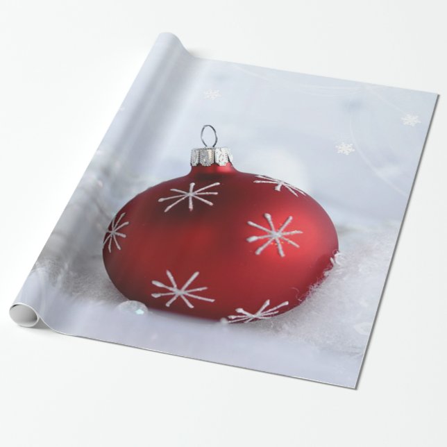 Papier Cadeau Boule de Noël rouge flocons de neige (Déroulé)