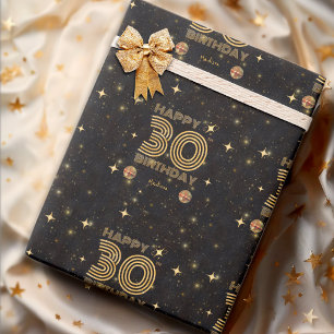 Papier Cadeau Boule disco dansante Or Noir 30e Joyeux Anniversai