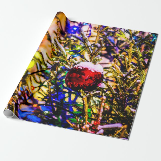 Papier Cadeau Boule rouge, lumières de Noël (Déroulé)